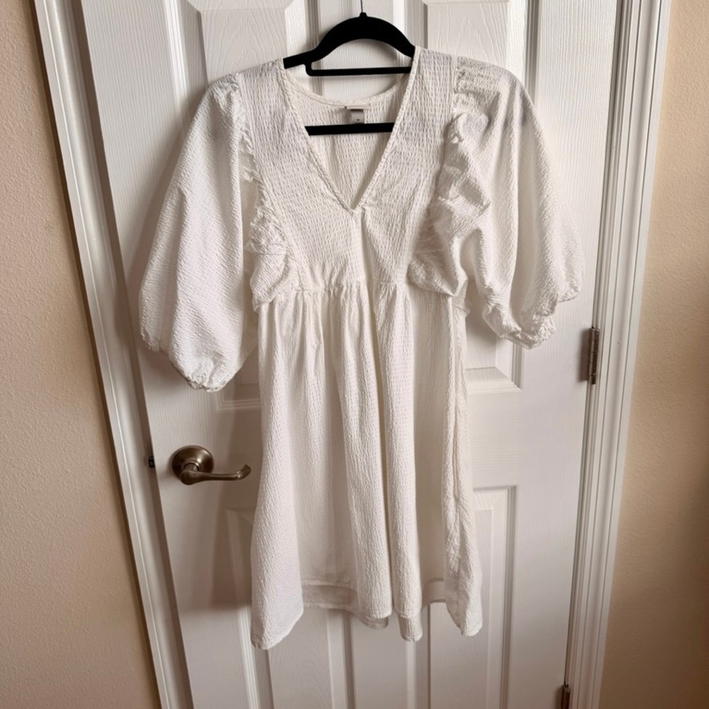 A New Day White Smocked Puff Sleeve Ruffle Mini Dress with Pockets Size M